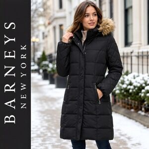 Barneys New York Puffer Coat Womens Small Black Winter Jacket Long Faux Fur Hood
